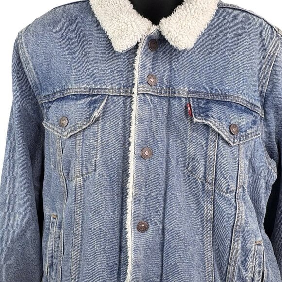 Y2K Levi's Trucker Denim Jean Jacket Sherpa Lined Blue Light Wash Women’s XL - Picture 3 of 13